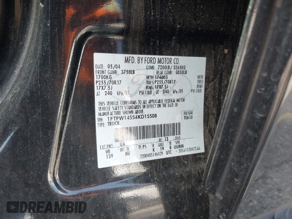2004 Ford F-150 XLT with VIN 1FTPW14554KD15508, listed as a IAAI auction lot 41809154 with 184,790 mi miles. Bid and sale history available at carsss.com. Image 9.