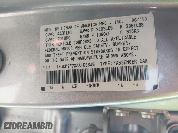 2010 Honda Accord EX with VIN 1HGCP2F7XAA166645, listed as a IAAI auction lot 42546166 with 109,640 mi miles and . Bid and sale history available at DreamBid. Image 9.