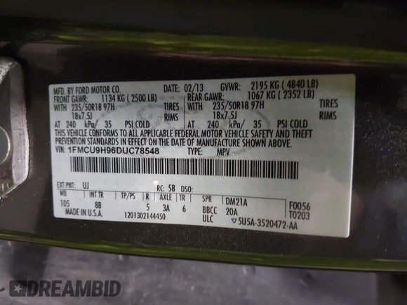 2013 Ford Escape SEL с VIN 1FMCU9H96DUC78548, выставлен на аукционе IAAI как лот 41217934 с пробегом 213 859 миль миль и . История ставок и продаж доступна на DreamBid. Изображение 9.