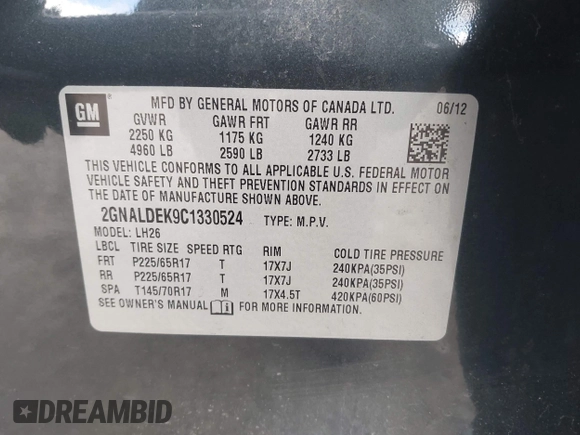 2012 Chevrolet Equinox LT w/1LT with VIN 2GNALDEK9C1330524, listed as a IAAI auction lot 41993492 with 140,929 mi miles. Bid and sale history available at carsss.com. Image 9.