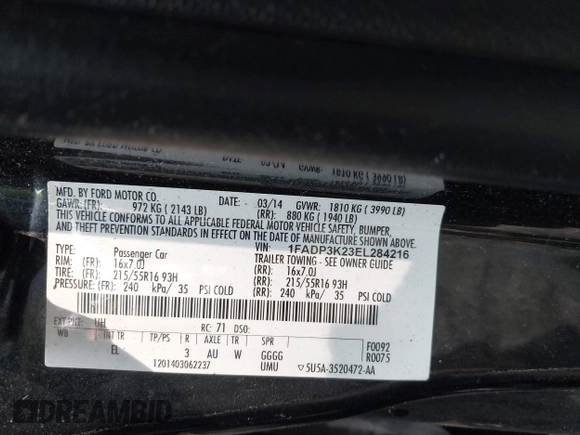 2014 Ford Focus SE z VIN 1FADP3K23EL284216, wystawiony jako IAAI lot #42489699 z przebiegiem 139 127 mil mil oraz . Historia ofert i sprzedaży dostępna na DreamBid. Obrazek 9.