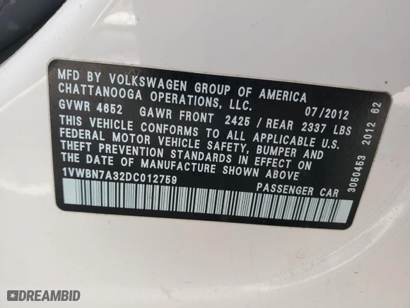 2013 Volkswagen Passat TDI SE w/Sunroof with VIN 1VWBN7A32DC012759, listed as a Copart auction lot 79633134 with 184,386 mi miles and Salvage Title. Bid and sale history available at carsss.com. Image 12.