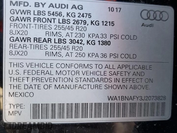 2018 Audi Q5 Premium Plus with VIN WA1BNAFY3J2073828, listed as a Copart auction lot 46827735 with Not Provided miles and Salvage Title. Bid and sale history available at DreamBid. Image 13.