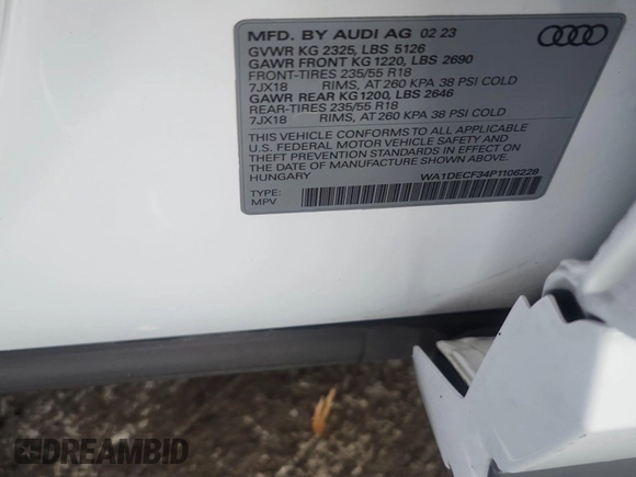 2023 Audi Q3 S line Premium with VIN WA1DECF34P1106228, listed as a IAAI auction lot 42734425 with 52,167 mi miles and . Bid and sale history available at DreamBid. Image 31.