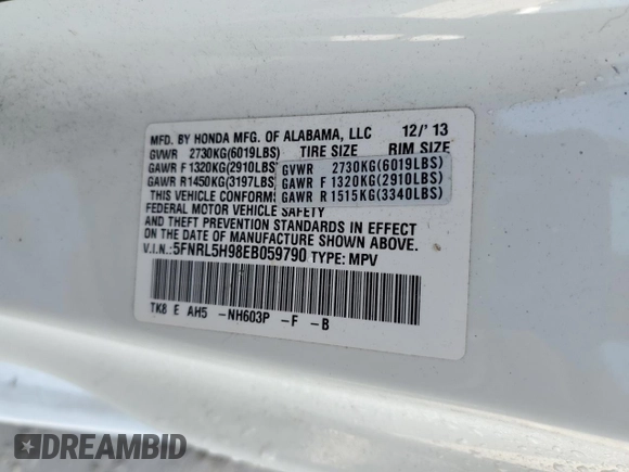 2014 Honda Odyssey Touring with VIN 5FNRL5H98EB059790, listed as a Copart auction lot 50547555 with Not Provided miles and Salvage Title. Bid and sale history available at DreamBid. Image 14.