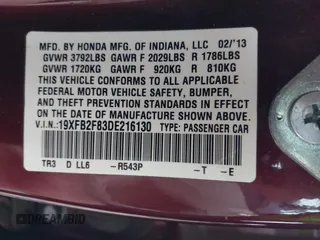 2013 Honda Civic EX with VIN 19XFB2F83DE216130, listed as a IAAI auction lot 41368242 with 105,019 mi miles and . Bid and sale history available at DreamBid. Image 9.
