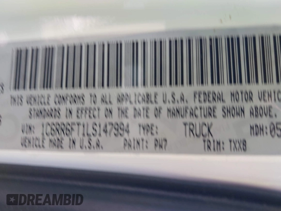 2020 Ram 1500 Tradesman with VIN 1C6RR6FT1LS147994, listed as a IAAI auction lot 41991691 with 62,608 mi miles and . Bid and sale history available at DreamBid. Image 9.
