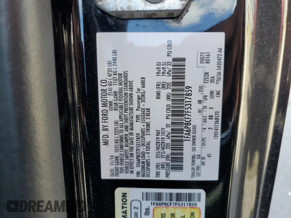 2015 Ford Mustang GT with VIN 1FA6P8CF7F5317859, listed as a Copart auction lot 57721495 with 125,668 mi miles and Salvage title. Bid and sale history available at DreamBid. Image 12.