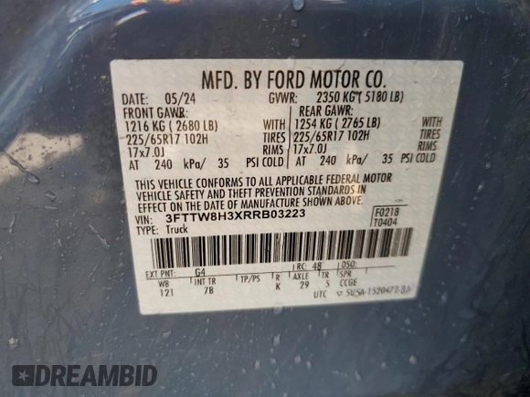 2024 Ford Maverick XLT z VIN 3FTTW8H3XRRB03223, wystawiony jako Copart lot #56190005 z przebiegiem 28 813 mil mil oraz Nie do naprawy • Non repairable. Historia ofert i sprzedaży dostępna na DreamBid. Obrazek 13.
