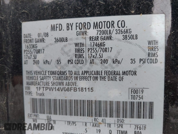 2008 Ford F-150 XLT z VIN 1FTPW14V08FB18115, wystawiony jako IAAI lot #42401528 z przebiegiem 265 185 mil mil oraz . Historia ofert i sprzedaży dostępna na DreamBid. Obrazek 9.