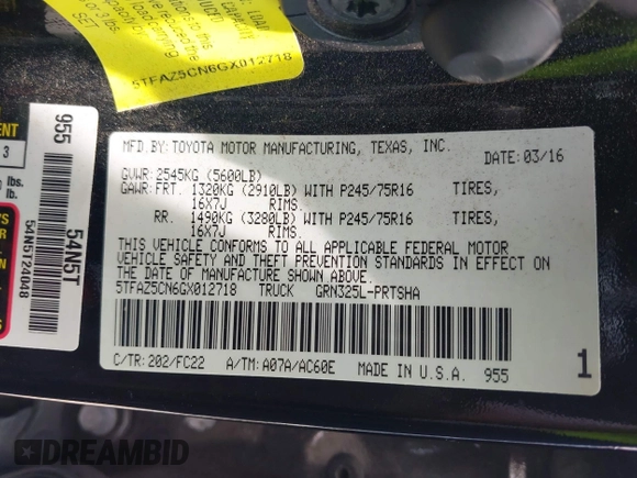 2016 Toyota Tacoma SR5 z VIN 5TFAZ5CN6GX012718, wystawiony jako IAAI lot #42408153 z przebiegiem 136 571 mil mil oraz . Historia ofert i sprzedaży dostępna na DreamBid. Obrazek 9.