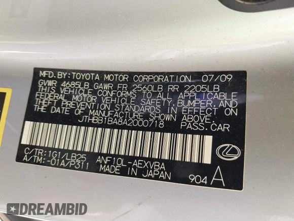 2010 Lexus HS 250h with VIN JTHBB1BA8A2000718, listed as a IAAI auction lot 41209137 with 201,409 mi miles and . Bid and sale history available at DreamBid. Image 9.
