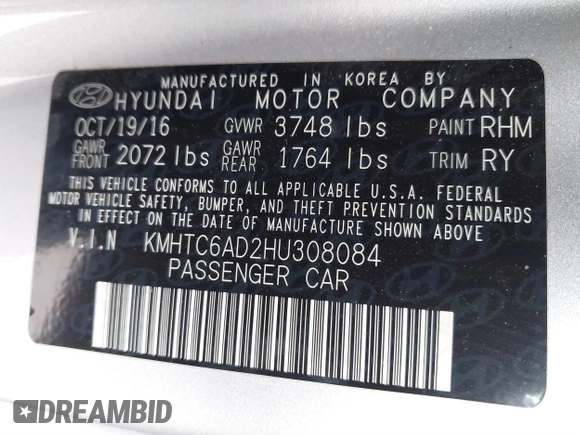 2017 Hyundai Veloster Value Edition with VIN KMHTC6AD2HU308084, listed as a IAAI auction lot 41734062 with 59,354 mi miles. Bid and sale history available at carsss.com. Image 9.