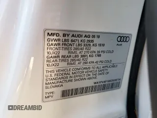 2019 Audi Q8 Prestige with VIN WA1FVAF18KD039734, listed as a Copart auction lot 63831345 with 35,374 mi miles and Salvage title. Bid and sale history available at DreamBid. Image 13.