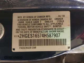 2004 Honda Civic LX with VIN 2HGES16574H587907, listed as a IAAI auction lot 42130597 with 214,451 mi miles and . Bid and sale history available at carsss.com. Image 9.