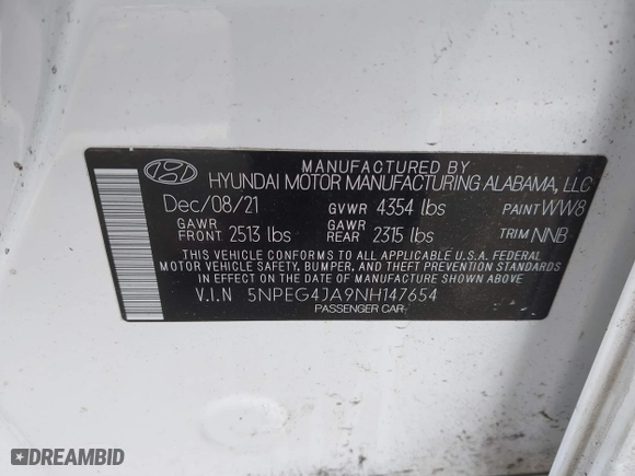 2022 Hyundai Sonata SE with VIN 5NPEG4JA9NH147654, listed as a IAAI auction lot 41466868 with 26,504 mi miles. Bid and sale history available at carsss.com. Image 9.