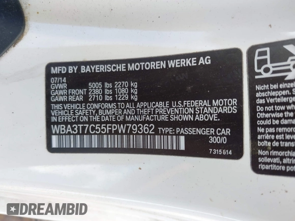 2015 BMW 4 Series 435i xDrive with VIN WBA3T7C55FPW79362, listed as a IAAI auction lot 42308844 with 97,951 mi miles and . Bid and sale history available at DreamBid. Image 9.