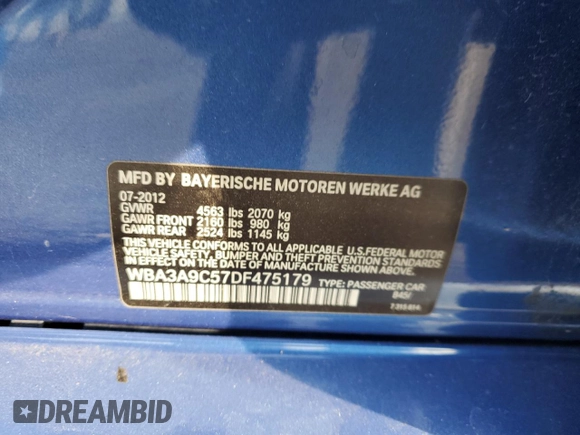 2013 BMW 3 Series 335i with VIN WBA3A9C57DF475179, listed as a Copart auction lot 43170245 with 128,589 mi miles and Salvage Title. Bid and sale history available at carsss.com. Image 13.