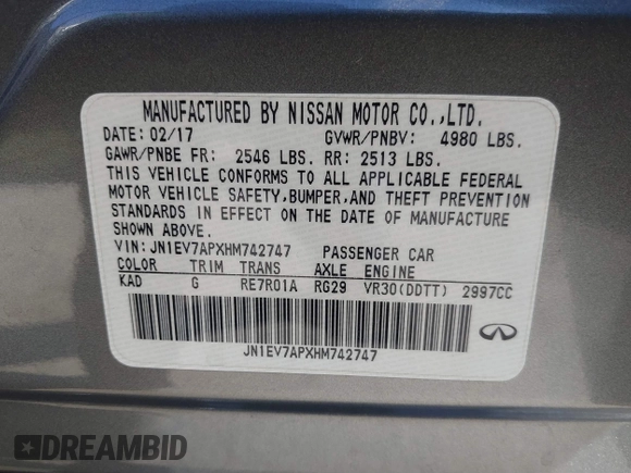 2017 Infiniti Q50 Signature Edition with VIN JN1EV7APXHM742747, listed as a IAAI auction lot 41278752 with 49,739 mi miles and . Bid and sale history available at DreamBid. Image 9.