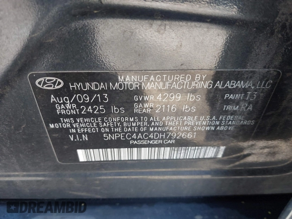 2013 Hyundai Sonata Limited with VIN 5NPEC4AC4DH792661, listed as a IAAI auction lot 42034355 with 142,125 mi miles and . Bid and sale history available at carsss.com. Image 9.