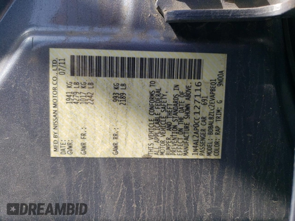 2012 Nissan Altima S with VIN 1N4AL2AP0CC127116, listed as a Copart auction lot 55155435 with 158,063 mi miles and Clean Title. Bid and sale history available at DreamBid. Image 12.