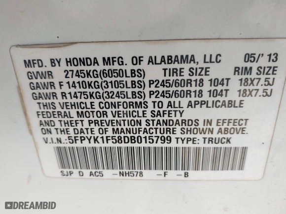 2013 Honda Ridgeline RTL with VIN 5FPYK1F58DB015799, listed as a IAAI auction lot 41498052 with 104,372 mi miles. Bid and sale history available at carsss.com. Image 9.