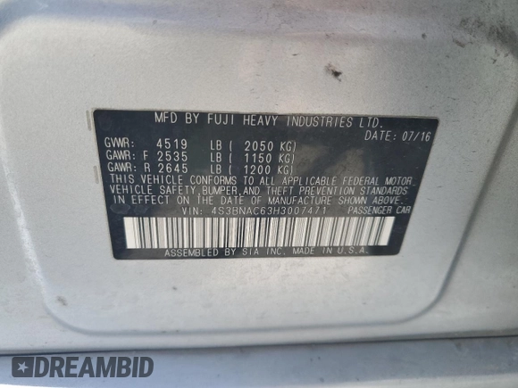 2017 Subaru Legacy Premium with VIN 4S3BNAC63H3007471, listed as a Copart auction lot 52610605 with 98,515 mi miles and Salvage title. Bid and sale history available at DreamBid. Image 12.