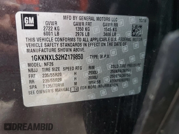 2017 GMC Acadia Denali with VIN 1GKKNXLS2HZ179850, listed as a Copart auction lot 56002315 with 133,503 mi miles and Salvage title. Bid and sale history available at DreamBid. Image 13.