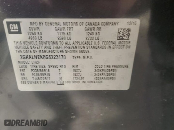 2016 GMC Terrain SLE with VIN 2GKALNEK8G6223170, listed as a Copart auction lot 46083705 with 124,858 mi miles and Salvage Title. Bid and sale history available at carsss.com. Image 15.