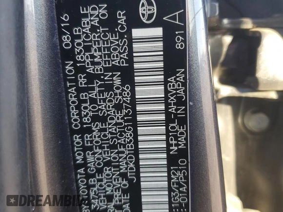 2016 Toyota Prius One with VIN JTDKDTB38G1137486, listed as a Copart auction lot 48080855 with 146,979 mi miles and Salvage Title. Bid and sale history available at DreamBid. Image 12.
