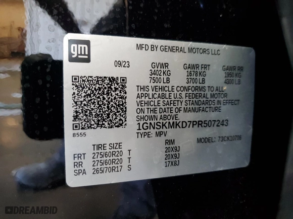 2023 Chevrolet Tahoe LS with VIN 1GNSKMKD7PR507243, listed as a Copart auction lot 69974614 with 20,191 mi miles and Salvage Title. Bid and sale history available at carsss.com. Image 13.
