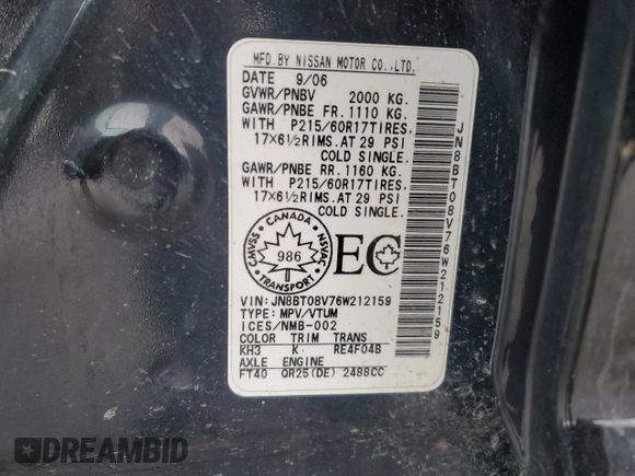 2006 Nissan X-Trail XE z VIN JN8BT08V76W212159, wystawiony jako Copart lot #86215994 z przebiegiem 230 211 mil mil oraz Szkody całkowita. Historia ofert i sprzedaży dostępna na DreamBid. Obrazek 14.