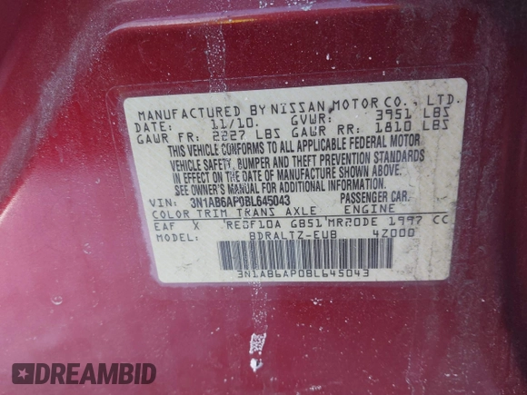 2011 Nissan Sentra 2.0 with VIN 3N1AB6AP0BL645043, listed as a IAAI auction lot 41276959 with 149,387 mi miles and . Bid and sale history available at DreamBid. Image 9.