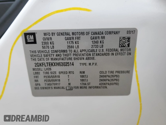 2017 GMC Terrain SLE with VIN 2GKFLTEKXH6302514, listed as a Copart auction lot 47175245 with 60,638 mi miles and Salvage Title. Bid and sale history available at carsss.com. Image 14.