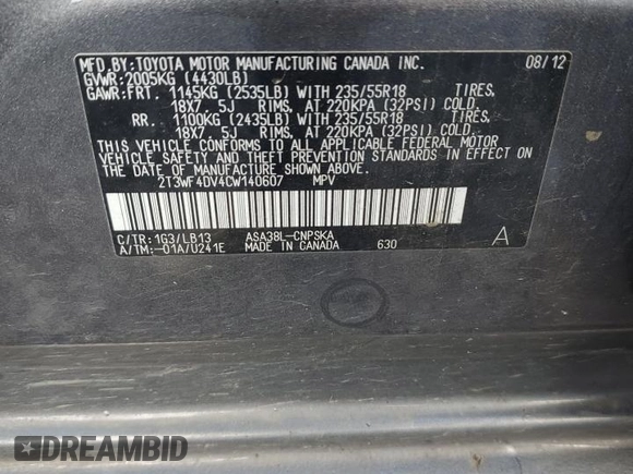 2012 Toyota RAV4 Sport with VIN 2T3WF4DV4CW140607, listed as a Copart auction lot 58319345 with 231,296 mi miles and Salvage title. Bid and sale history available at DreamBid. Image 12.