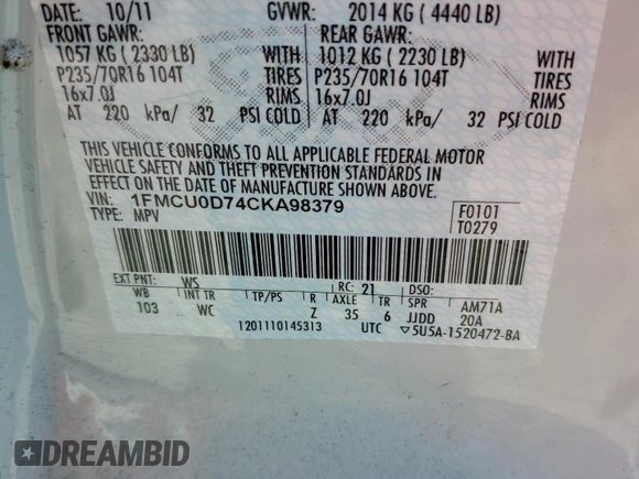 2012 Ford Escape XLT with VIN 1FMCU0D74CKA98379, listed as a Copart auction lot 62271615 with 87,615 mi miles and Salvage title. Bid and sale history available at DreamBid. Image 12.