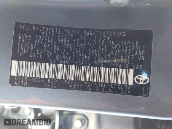 2025 Toyota Corolla LE z VIN 5YFB4MDEXSP241048, wystawiony jako IAAI lot #41710245 z przebiegiem 4 195 mil mil oraz . Historia ofert i sprzedaży dostępna na DreamBid. Obrazek 9.