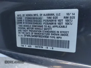 2015 Honda Odyssey Touring Elite with VIN 5FNRL5H98FB024958, listed as a IAAI auction lot 41361558 with 212,806 mi miles and . Bid and sale history available at DreamBid. Image 9.