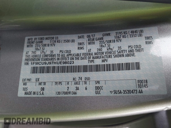 2017 Ford Escape Titanium with VIN 1FMCU9J97HUE98023, listed as a IAAI auction lot 41745843 with 24,857 mi miles. Bid and sale history available at carsss.com. Image 9.