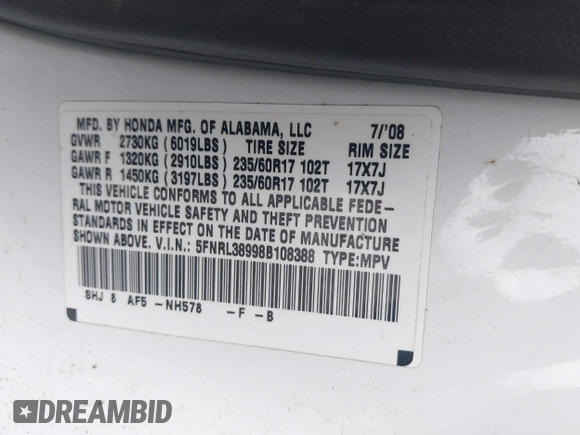 2008 Honda Odyssey Touring with VIN 5FNRL38998B108388, listed as a IAAI auction lot 42163155 with 174,397 mi miles and . Bid and sale history available at DreamBid. Image 9.