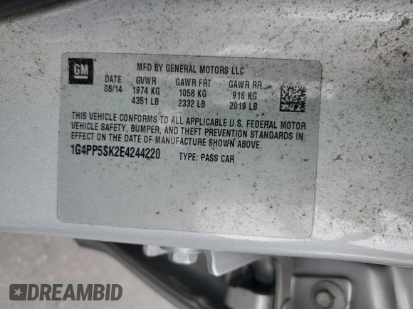 2014 Buick Verano z VIN 1G4PP5SK2E4244220, wystawiony jako Copart lot #60711955 z przebiegiem 90 229 mil mil oraz Szkoda całkowita • Salvage title. Historia ofert i sprzedaży dostępna na DreamBid. Obrazek 12.