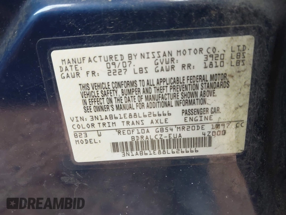 2008 Nissan Sentra 2.0 z VIN 3N1AB61E88L626666, wystawiony jako IAAI lot #41921319 z przebiegiem 209 000 mil mil oraz . Historia ofert i sprzedaży dostępna na DreamBid. Obrazek 9.