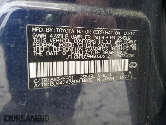 2017 Lexus IS 300 с VIN JTHCM1D28H5020612, выставлен на аукционе Copart как лот 59903595 с пробегом 165 857 миль миль и Списание • Salvage title. История ставок и продаж доступна на DreamBid. Изображение 12.