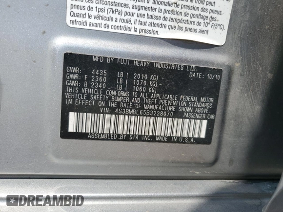 2011 Subaru Legacy Limited Power Moon with VIN 4S3BMBL65B3228070, listed as a Copart auction lot 59597005 with 141,170 mi miles and Salvage title. Bid and sale history available at DreamBid. Image 13.
