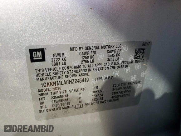 2017 GMC Acadia SLT with VIN 1GKKNMLA8HZ245419, listed as a Copart auction lot 86078564 with 92,874 mi miles and Salvage Title. Bid and sale history available at carsss.com. Image 16.