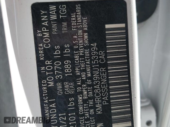 2022 Hyundai Venue SEL with VIN KMHRC8A39NU153994, listed as a Copart auction lot 54273795 with 76,084 mi miles and Salvage title. Bid and sale history available at DreamBid. Image 13.
