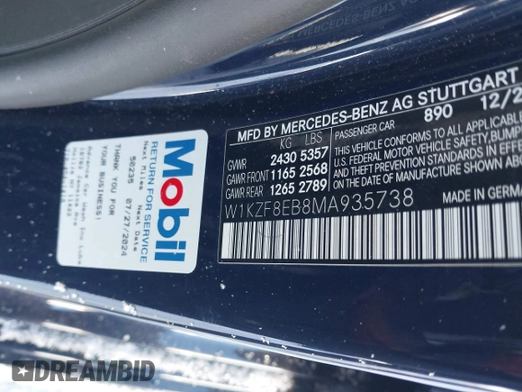 2021 Mercedes-Benz E 350 with VIN W1KZF8EB8MA935738, listed as a IAAI auction lot 41355282 with 63,160 mi miles and . Bid and sale history available at DreamBid. Image 9.