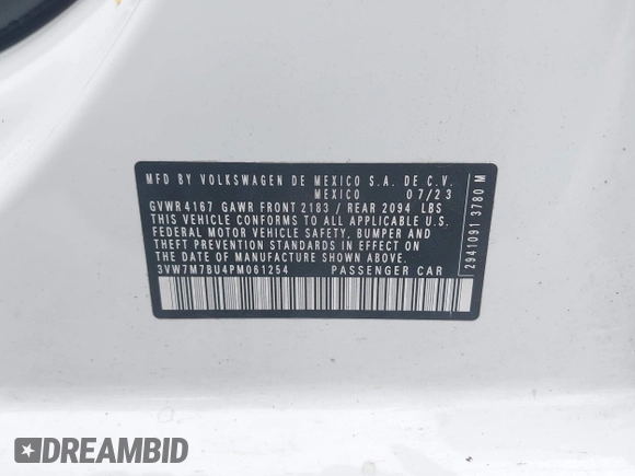 2023 Volkswagen Jetta SE with VIN 3VW7M7BU4PM061254, listed as a IAAI auction lot 42563741 with 35,468 mi miles and . Bid and sale history available at DreamBid. Image 9.