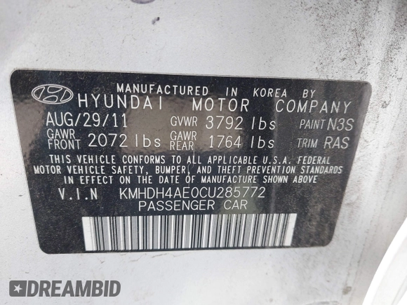 2012 Hyundai Elantra Limited with VIN KMHDH4AE0CU285772, listed as a IAAI auction lot 42303878 with Not provided miles and . Bid and sale history available at DreamBid. Image 9.