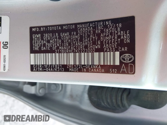 2019 Toyota Corolla L with VIN 2T1BURHE7KC223002, listed as a IAAI auction lot 41371130 with 251,534 mi miles and . Bid and sale history available at carsss.com. Image 9.
